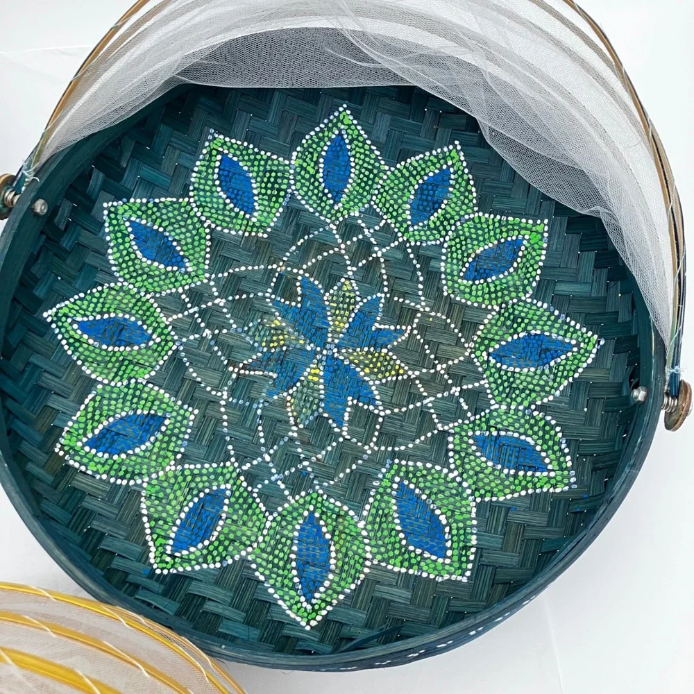 Set of 3 Bamboo Food Serving Tent Basket Hand Painted Boho Picnic Cover Mesh Net